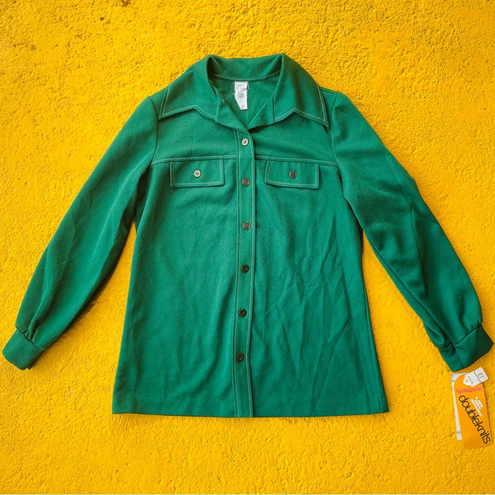 Vintage 70s Emerald Green Dagger Collar Button Up Groovy Swaggy Hip Shirt 8